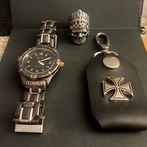Men’s Watch, Skull Ring & Keychain Set
